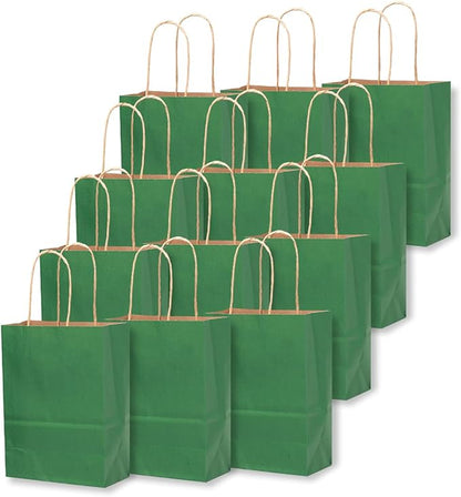 qiqee 50-Packs Kraft Deep Green Paper Gift Bags with Handles Bulk 4.5"x2.5"x6" Mini Size Party Favor Bags Multiple Uses