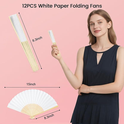 JOHOUSE 12 Pcs White Paper Fans Handheld – 8.3 Inch Foldable Hand Fan, Folding Fans Handheld for Women, Paper Fan for Wedding Guests, Bridal & Baby Shower Favors, Party Decorations