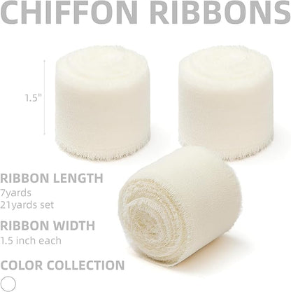 3 Rolls Cream White Handmade Chiffon Ribbon,1.5" x 21Yd Frayed Fringe Silk Ribbons (3 Rolls *7Yd) for Gifts Wrapping, Wedding Invitations, Bridal Bouquets, Decorations