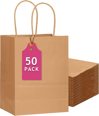 qiqee 50-Packs Brown Paper Gift Bags with Handles Bulk 13"x10.3"x4.6" Large Size Party Favor Bags Multiple Uses