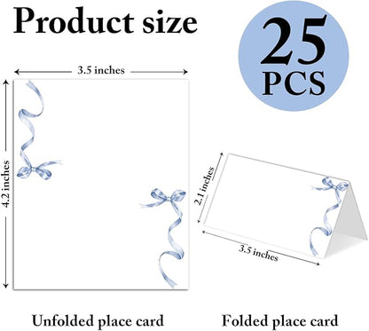 25 Pack Blue Bow Place Cards, Editable Name Cards for Table Setting, Tent Cards Food Label for Dinner Party, Bridal Shower, Wedding, Baby Shower and Events -T27