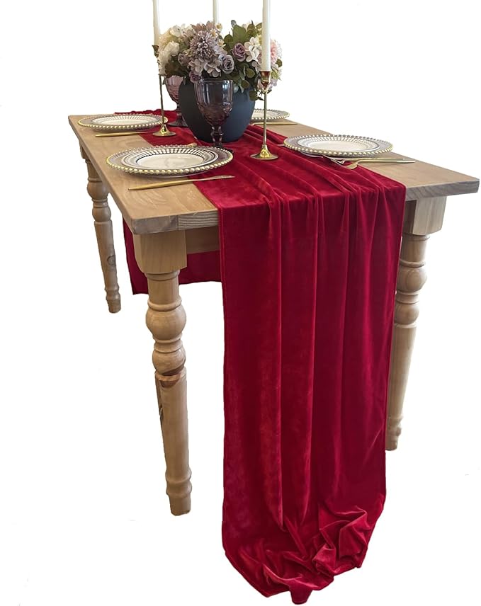 Velvet Table Runner, 10ft Luxurious Wedding Reception Decorations Soft Velvet Fabric Table Linen Overlay for Party (20 x 120 inch, Red)