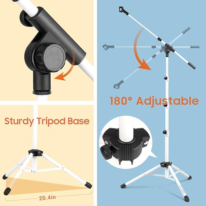 CAHAYA Microphone Stand Tripod Boom Arm Floor Mic Stand with Carrying Bag and 2 Mic Clips for Singing Performance Wedding Stage and Mic Mount White