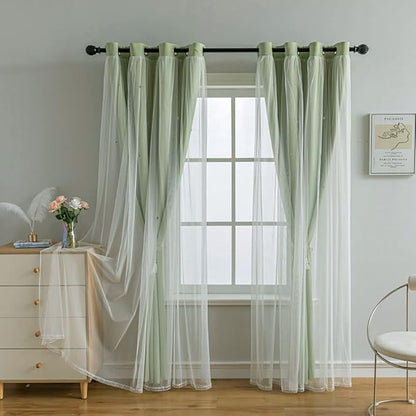 FANLI 2 Panels Star Blackout Curtains for Kid Girls Bedroom Living Room Darking Stripe Double Layer Star Cut Out Wall Home Decor Gradient Grommet Window Curtains (Green 84L)