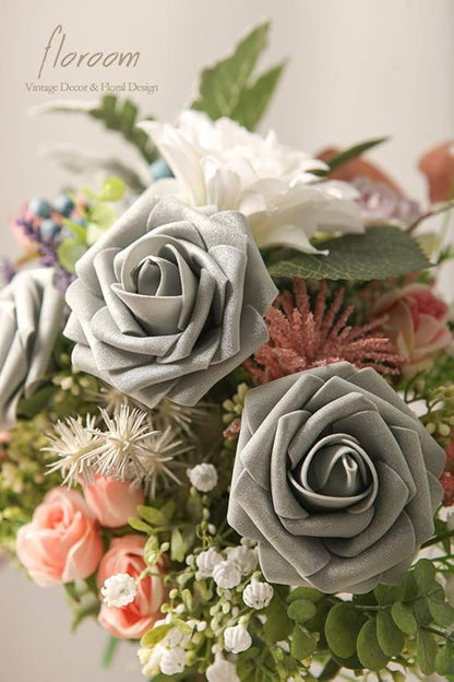 Floroom Artificial Flowers 25pcs Real Looking Shimmer Silver Grey Foam Fake Roses with Stems for DIY Christmas Ornaments Wedding Bouquets Party Tables Centerpieces Floral Arrangements Home Decorations
