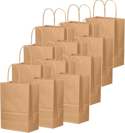 qiqee 50-Packs Brown Paper Gift Bags with Handles Bulk 8.3"x3"x 6" Small Size Paper Bags Multiple Uses(Small Size)