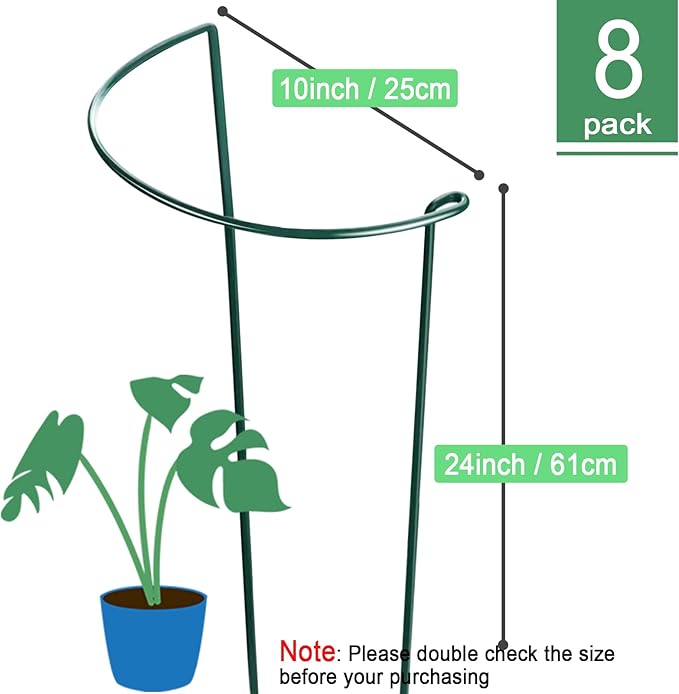 HiGift 8 Pack 24 Inch Plant Support Stakes, 10" Wide x 24" High Half Round Metal Garden Plant Stake Peony Support Cage, Green Plant Support Ring Border for Tomato,Hydrangea,Flower Indoor Outdoor