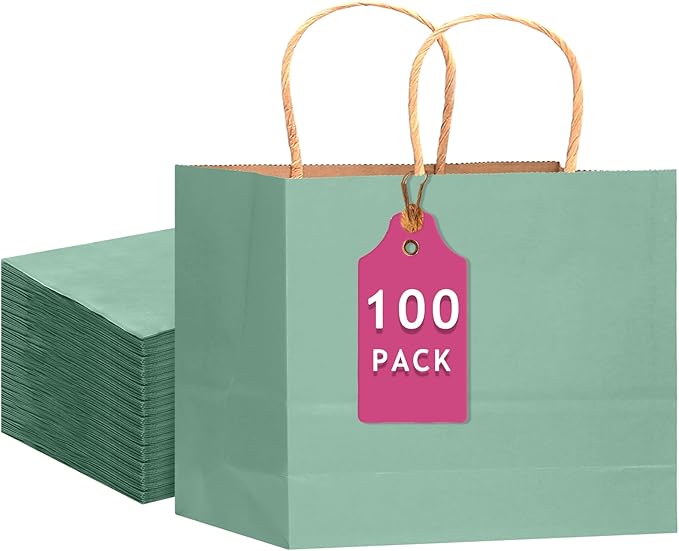 qiqee 100PCS Large Gift Bag with Handles Bulk 13"x4.5"x10" Gift Bags Kraft Light Blue Multiple Uses (32x11x25cm,Wide Large)