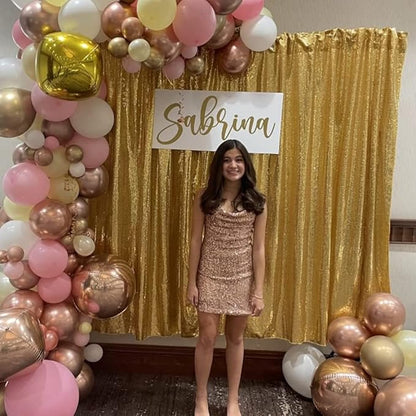Poise3EHome 6Ft x 8Ft Gold Sequin Backdrop, Glitter Thick Satin Background Drapes, Sparkly Opaque Photography Curtain, Sequence Xmas Thanksgiving Backdrop for Wedding Party Holiday Festival Decor