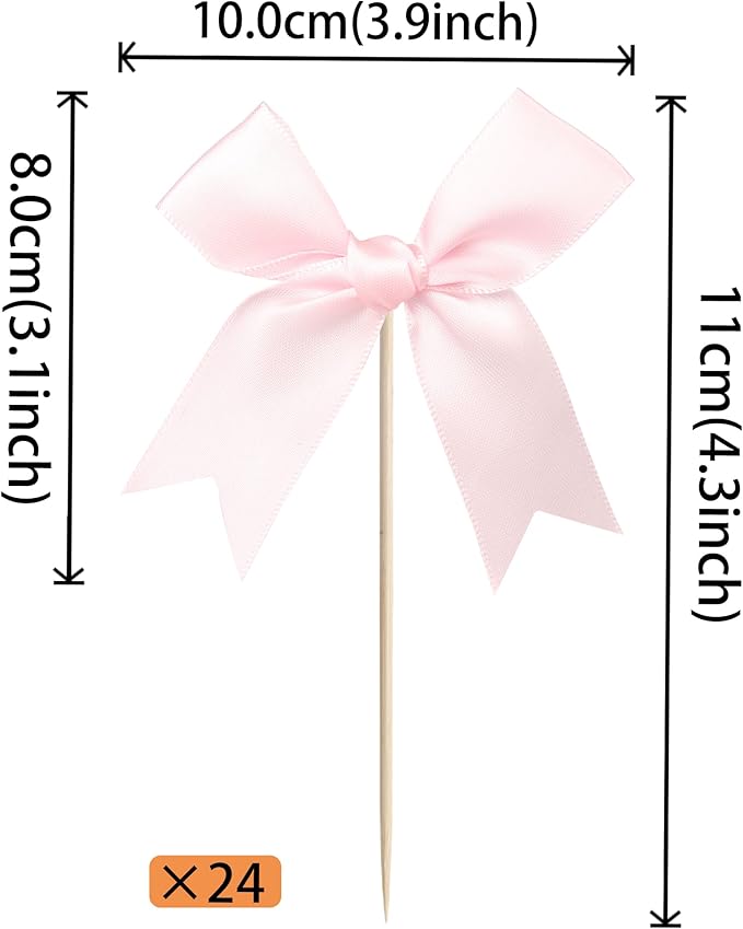 24 PCS Bow Cupcake Toppers Bowknot Coquette Bow Girls Birthday Cake Decorations Bow Cake Toppers Bowknot Cupcake Picks for Baby Shower Birthday Wedding Bridal Engagement Party Supplies Pink