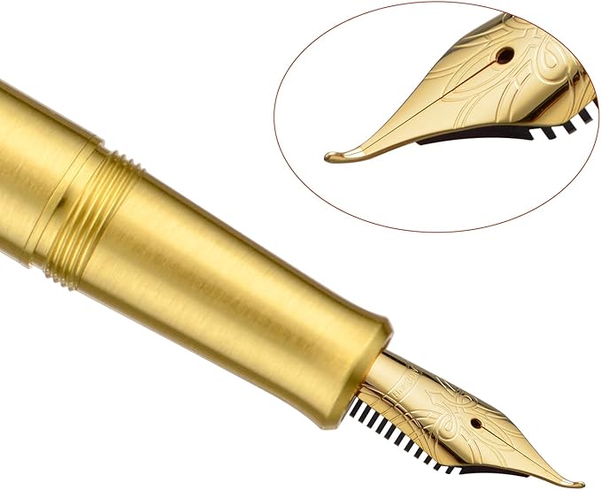 Hongdian M2 Mini Brass Fountain Pen with Bent Nib, Sleek Shape Short Pocket Travel Pen (Glossy Brass)