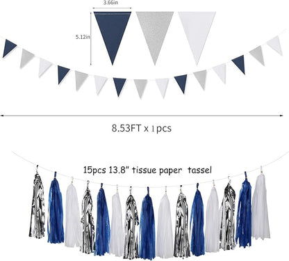 Navy Blue White Silver Party Decorations,23pcs Kit Graduation 2025 Tissue Paper Pom Poms Streamers,Tassel Garland Banner Flowers,Men Birthday Bachelorette Baby Shower Christmas Decor Lasting Surprise