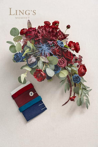 Ling's moment Navy Blue Burgandy Bridal Bouquet Cascading, Jewel Tone Wedding Bouquets for Bride, 15 Inch Bride Bouquets for Wedding Artificial Flowers Bouquets
