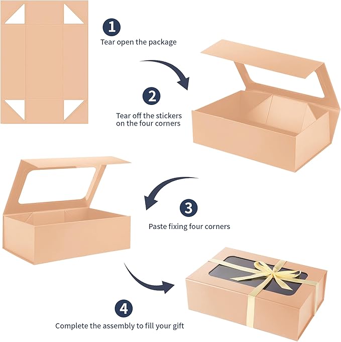 Rose Gold Large Gift Boxes with Window, 13.5"x9"x4.3" Bridesmaid Boxe for Gift Giving,Birthday Gift Box with Magnetic,Closure Lid Gift Boxes for Presents,Cute Boxe,Luxury for Gift Packaging,Gift Box for Wrapping Gifts