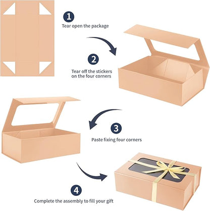 Rose Gold Large Gift Boxes with Window, 13.5"x9"x4.3" Bridesmaid Boxe for Gift Giving,Birthday Gift Box with Magnetic,Closure Lid Gift Boxes for Presents,Cute Boxe,Luxury for Gift Packaging,Gift Box for Wrapping Gifts