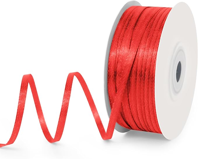 1/8" Wide x 100 Yards Single Face Polyester Satin Ribbon, Satin Ribbon for Crafts, Gift, Hair Bows, Wedding Party Decoration, Bow Making & Other Projects (Red)