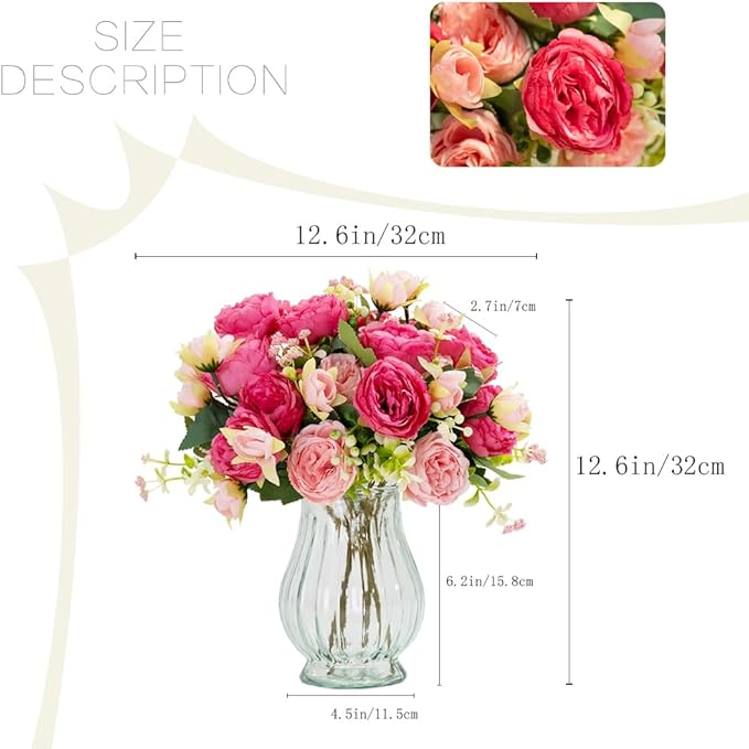Artificial Peonies Silk Flowers in Glass Vase Faux Flowers Bouquets Modern Penoy Arrangement 4 Pack for Home Decoration Table Centerpiece (Rose Red)