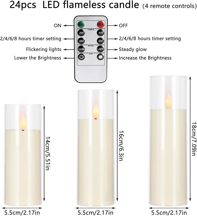 24 Packs of Acrylic LED Candles, Flickering Flameless Candles Battery Operated with Remote Dimmed and Timed, 3D Wick Candles for Home Decor,Wedding,Gift，Parties and Festivals. (3 Size)