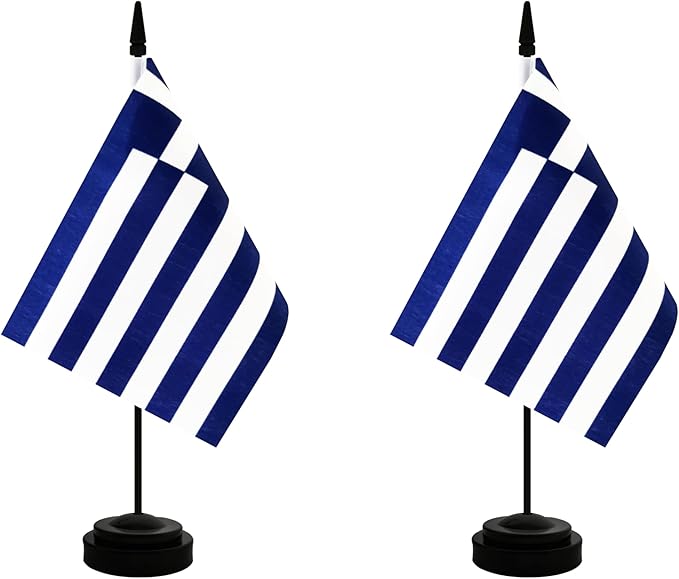 2 Pack Greece Desk Flag, Greek Table Office Flag with Solid Pole and Stand Base, International Country Flag, Festival Celebration, Classroom Meeting Desktop Decoration (Greece)