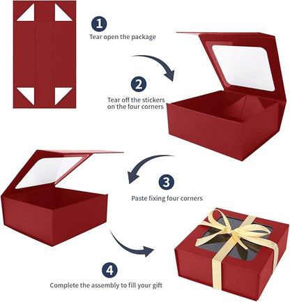 Red Gift Boxes with Window,7.5"x7.5"x3.1" Bridesmaid Boxe for Gift Giving,Birthday Gift Box with Magnetic,Closure Lid Gift Boxes for Presents,Cute Boxe,Luxury for Gift Packaging,Gift Box for Wrapping Gifts