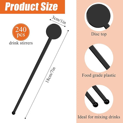 240Pcs Drink Stirrers Cocktail, 7 Inches Disposible Plastic Swizzle Sticks with Disc Top, Mixing Rod for Bar Drinks,Wedding Drinks,Coffee Stir,Whiskey Beverage（Black）