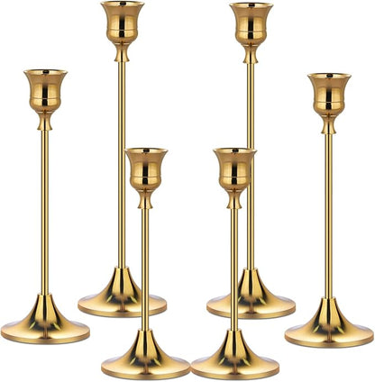 Metal Candle Holders for Candlesticks Taper Candlestick Holders Set Vintage Decorative Centerpiece Candelabra Tall Candle Stands for Halloween Thanksgiving Christmas (Gold, 2 Sets (6 pcs))