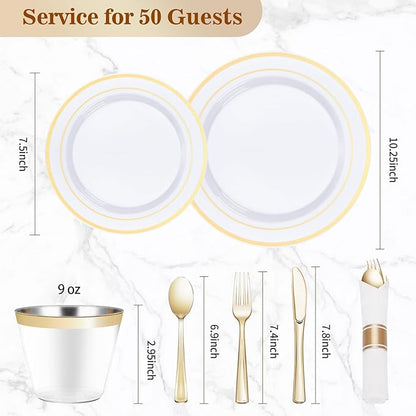 BESTVIP 350PCS Gold Plastic Dinnerware Set, Disposable Party Plates for 50 Guests, Include: 100 Plastic Plates, 50 Pre Rolled Napkins with Gold Silverware, 50 Cups