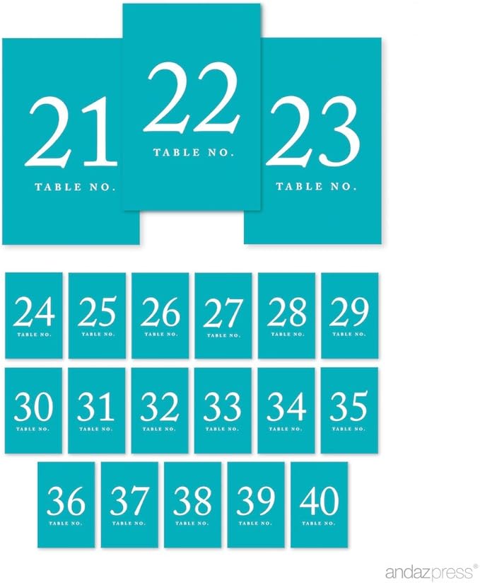 Andaz Press Aqua Turquoise Wedding Table Numbers 21-40, 4x6-Inches Table Number Cards For Wedding Reception Table Number For Seating Chart For Wedding Reception Restaurant Classroom, Boda