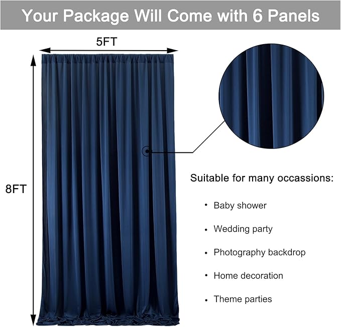 30 ft x 8 ft Navy Blue Backdrop Curtain Panels, 6 Panels 5 ft x 8 ft Wrinkle Free Polyester Photography Backdrop Drapes, Wedding Party Home Decoration Supplies
