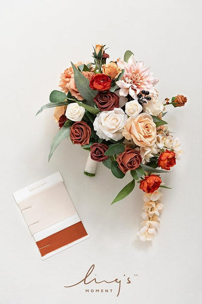 Ling's moment Terracotta Bridal Bouquet Cascading, Orange Wedding Bouquets for Bride, 13 Inch Bride Bouquets for Wedding Artificial Flowers Bouquets