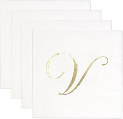 Gift Boutique 100 Gold Monogram Cocktail, Letter V Disposable Paper Pack Elegant Metallic Golden Foil Hand Napkin for Powder Room Wedding Holiday Birthday Party Baby Shower Decorative Towels