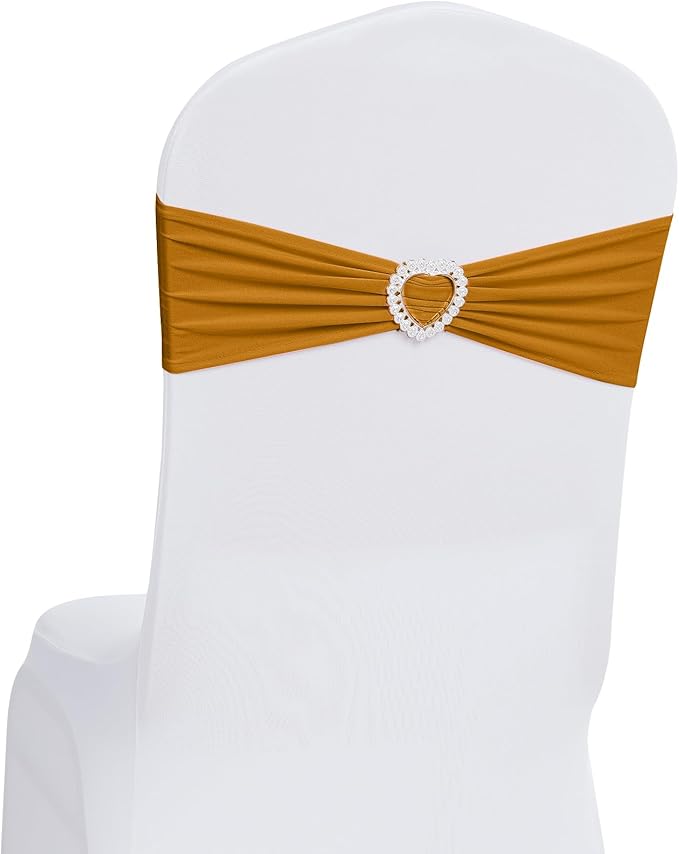 Howhic Pack of 30 Spandex Chair Sashes Bows Stretch Chair Cover Band with Buckle Slider Universal Elastic Chair Ties for Wedding Banquet Party Event Decoration (Gold)