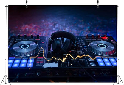 CORFOTO 15x8ft Fabric Dj Mixer with Headphones Backdrop Photography Dj Sound Equipment in Dark Background Musical Dance Disco Party Decorations Live Concert Stage Photoshoot Booth Studio Props