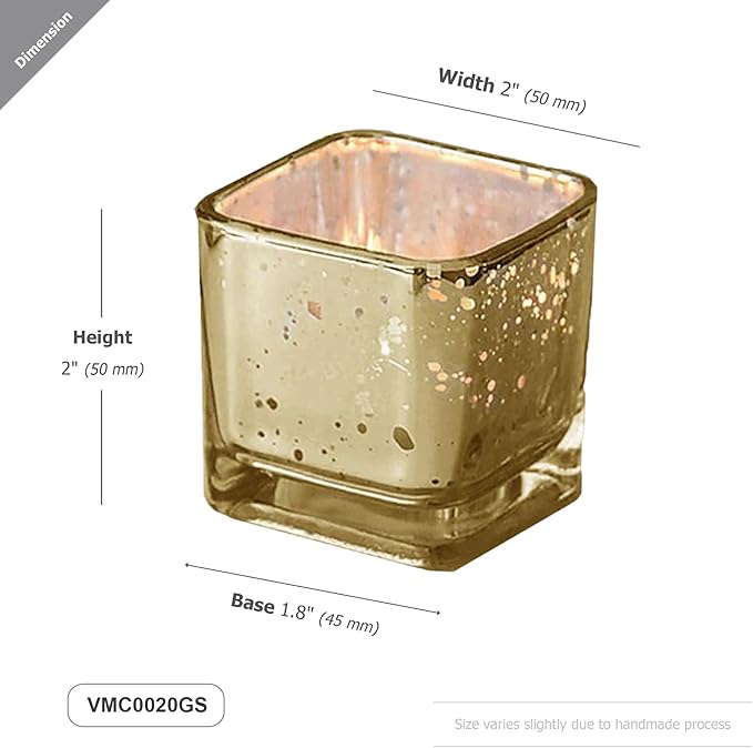 WGV 2 Inch Gold Speckle Square Cube Glass Votive Candle Holder, Small Tiny Mercury Tea Light 2x2”, 1 Pc