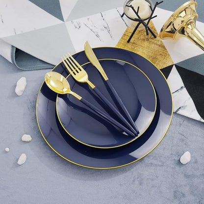 Liacere 150PCS Blue Plastic Plates - Gold Plastic Silverware with Blue Handle - Navy Disposable Plates Include 30 Guests Plates,Forks,Spoons,Knives for Wedding & Party & Halloween