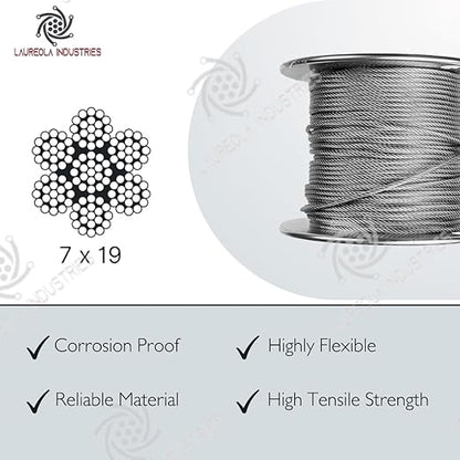 Laureola 1/8" 7x19 Stainless Steel Aircraft Wire Rope 304 Grade (150ft)