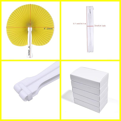 12 Packs Decorative Paper Folding Hand Fans Handheld,Yellow Round Foldable Wedding Fans Chinese and Japanese Fans Bulk for Bridal Guest Church Party Favors Dancing Birthday DIY
