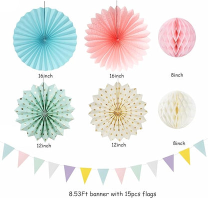 Pastel Rainbow Party-Decorations - 20pcs Pink Yellow Blue Classroom Ceiling Paper Lanterns Fans ,Girl Birthday Tissue Pom Poms,Honeycomb Balls,Bunting,Baby Shower Bridal Wedding Decor Burgleda