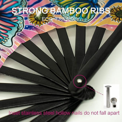 13" Large Rave Fan Bamboo, Folding Clack Hand Fans Foldable for Men Women, Boots on the Ground Poping Fan for EDM Festival Line Dance Decoration, (Butterfly, Large 13")
