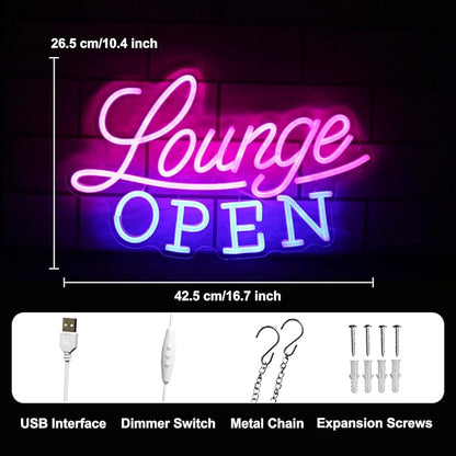 Lounge Open Neon Sign VIP Lounge Neon Light Pink Blue Letter LED Sign Dimmable Business Signs Light Up Signs for Bar Night Club Hotel Beauty Salon Decor