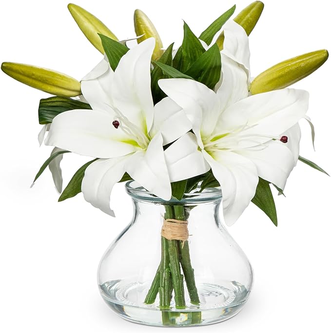 Artificial Flowers Tiger Lily Real Touch with Vase Easter Lily White Lilies Silk Faux Flowers Arrangements in Glass Vase with Faux Water Easter Decor Fake Floral Bulk Bouquet for Office Home Decor