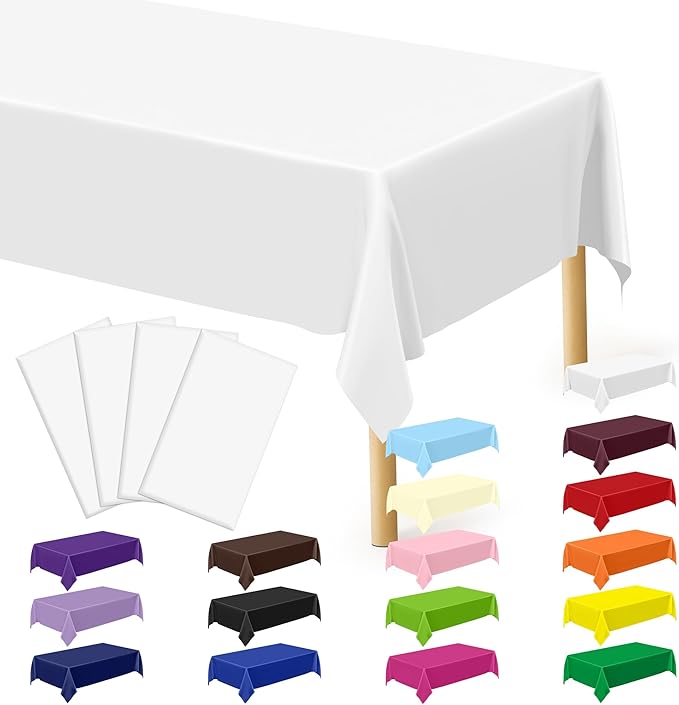 4 Packs White Plastic Tablecloth, Sturdy Disposable Table Cloth, 54 X 108 Inches Paper Table Cloths for Parties Disposable, Effortless Cleanup for Picnic Table Cloths Parties Birthday and Any Occasion