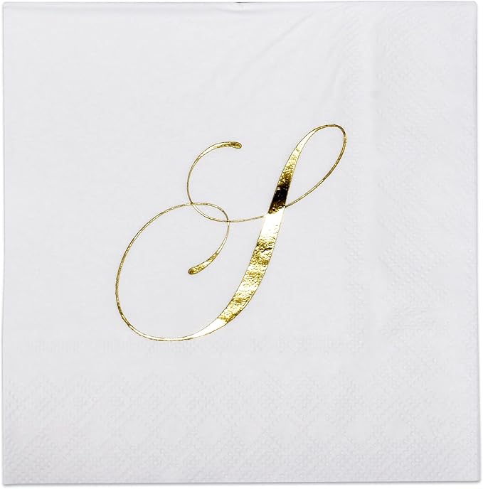 Gift Boutique 100 Gold Monogram Cocktail Napkins Letter S Disposable Paper Pack Elegant Metallic Golden Foil Hand Napkin for Powder Room Wedding Holiday Birthday Party Baby Shower Decorative Towels