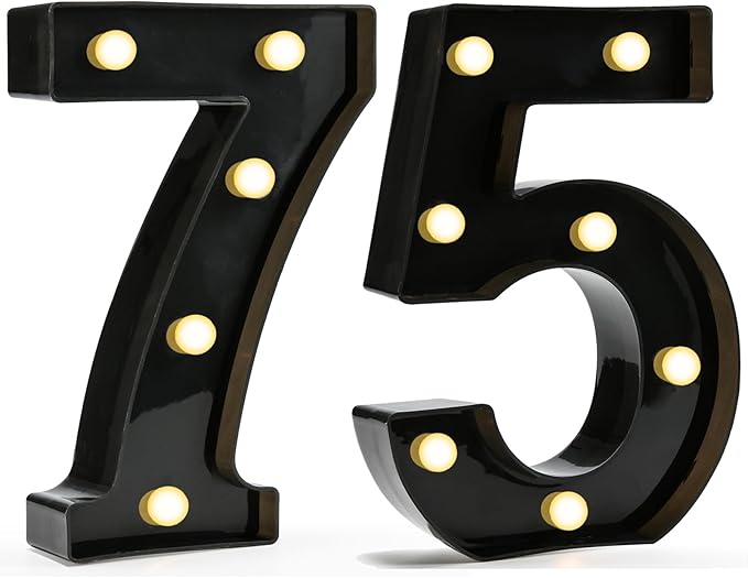 Pooqla Decorative Led Light Up Number Letters, Black Plastic Marquee Number Lights Sign for 75th Birthday Party Wedding Decor Battery Operated Black Decoration 75