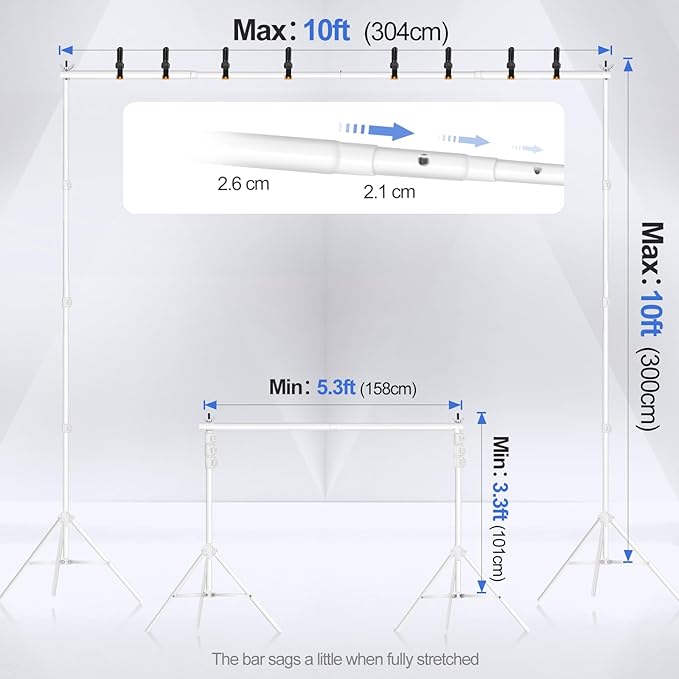 EMART Backdrop Stand 10x10ft(WxH) Photo Studio Adjustable Background Stand Support kit with 2 Crossbars, 8 Clamps, 2 Sandbags and Carry Bag for Parties, Events Decoration, Wedding, Photography -White