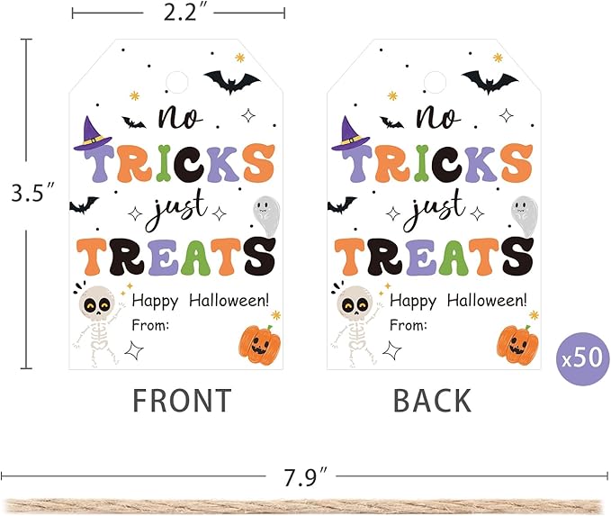 Aukolass 50pcs Trick Or Treat Favor Tags, Happy Halloween Day Gift Tags and Gift Wrapping Decoration(Treats)