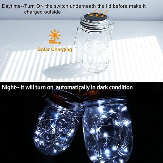 SunKite Solar Mason Jar Lights [Updated], 8 Pack 20 LED Waterproof Fairy Firefly Jar Lids String Lights with Hangers(NO Jars), Patio Yard Garden Wedding Decoration - Cool White