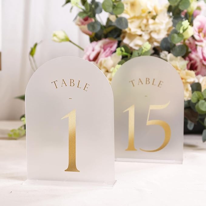 UNIQOOO Frosted Arch Wedding Table Numbers with Stands 1-30, Gold Foil Printed 5x7 Acrylic Display Signs and Holders, Pack of 30, Perfect for Centerpiece, Reception, Decoration, Party, Anniversary, Event