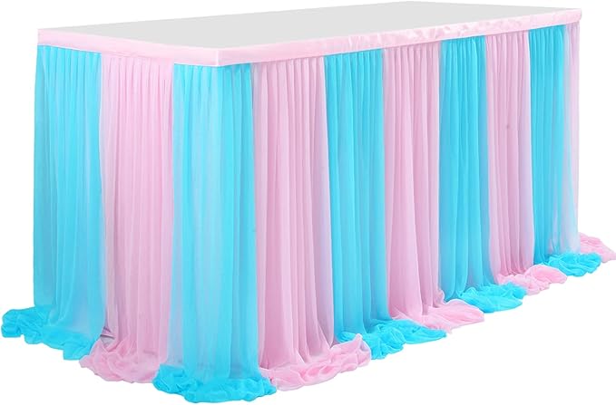 9ft Pink and Blue Gender Reveal Table Skirt for Baby Shower Boy or Girl Tulle Tutu Table Cloths Cover for Birthday Party Wedding Dessert Buffet Banquet Table Decorations