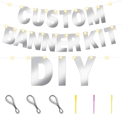 TaoBary 112 Pcs DIY Letter Kit Glitter Customizable Banner Letters Include 107 Letters and Numbers 3 Rope and 2 Needles for Birthday Halloween Christmas Wedding Valentine Party Decor(Glossy Silver)